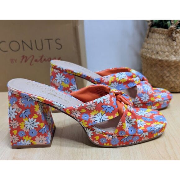 Coconuts by Matisse Red Floral Esme Knot Slide Heeled Dress Sandals Size 9 NIB - Picture 2 of 14